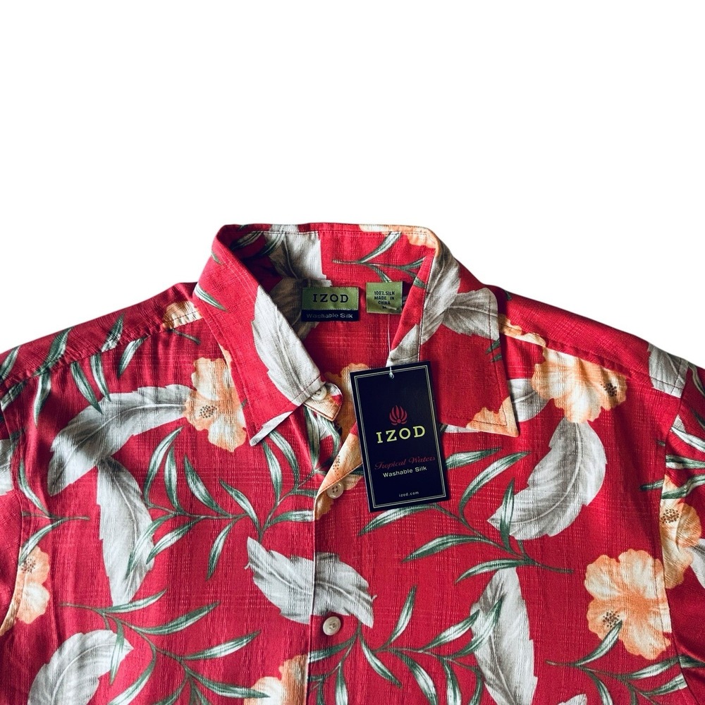 IZOD Washable Silk Hawaiian Shirt Mens M Floral Aloha Red Tropical Waters New